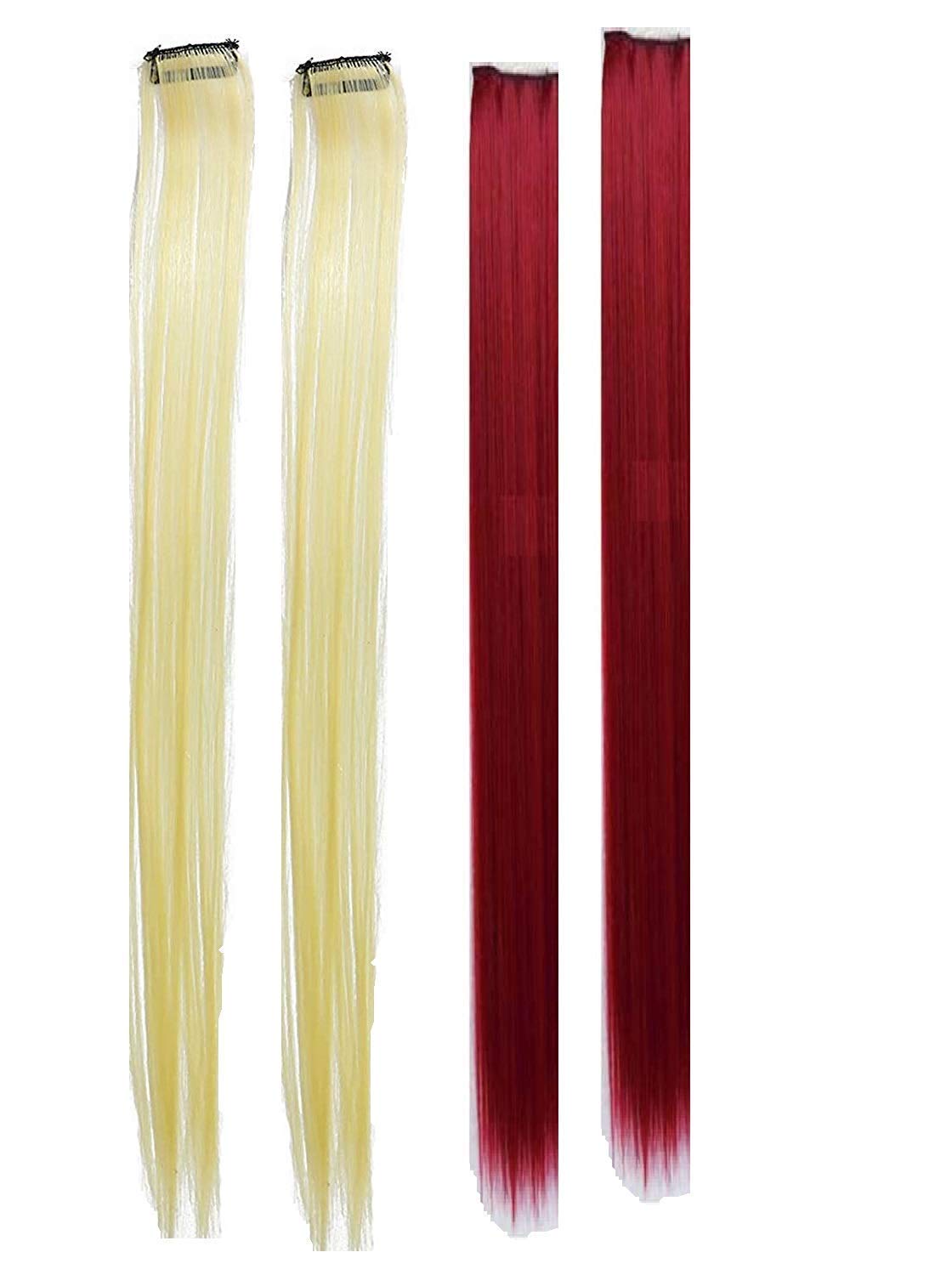 Paradise® Blonde And Maroon Hair Extensions 22 inches, Pack of 4 Clip-based Straight Colored Hair Streaks for Women & Girls, 2-Tone Party Funky Synthetic Hair Patches-image-11