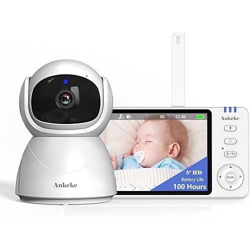 5" Video Baby Monitor with Camera and Audio, 720P HD Wireless No WiFi No App, 2-Way Talk,Voice Motion Detection, 8 Lullabies, 1000ft Long Range, Night Vision, Temperature & Feeding Alarm, 355° PTZ