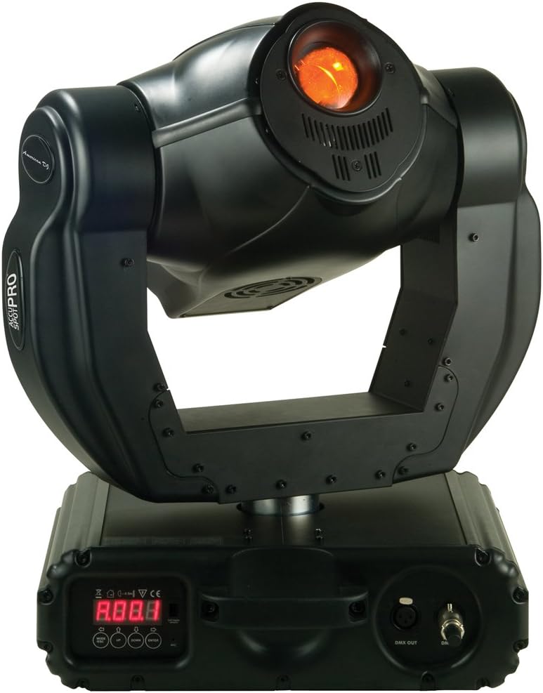 American DJ 250W Discharge moving head with 2 gobo wheels with 1 wheel having rotating gobos, color wheel and remote DMX addressing