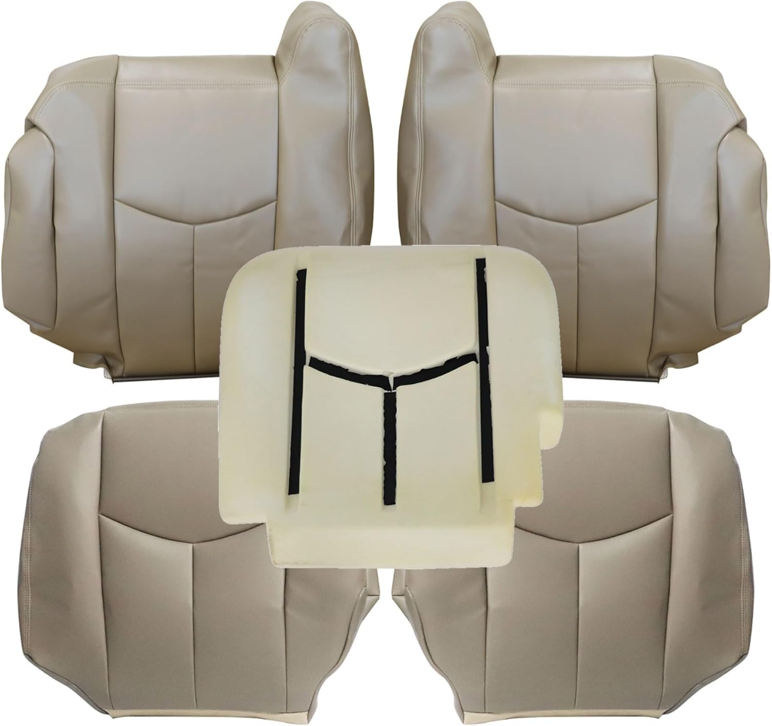 Driver & Passenger Bottom and Top Lean Back Leather Seat Covers Tan #522 & Foam Cushion Fit for Chevy Avalanche Silverado GMC Sierra 1500 2500 3500 HD 2003 2004 2005 2006