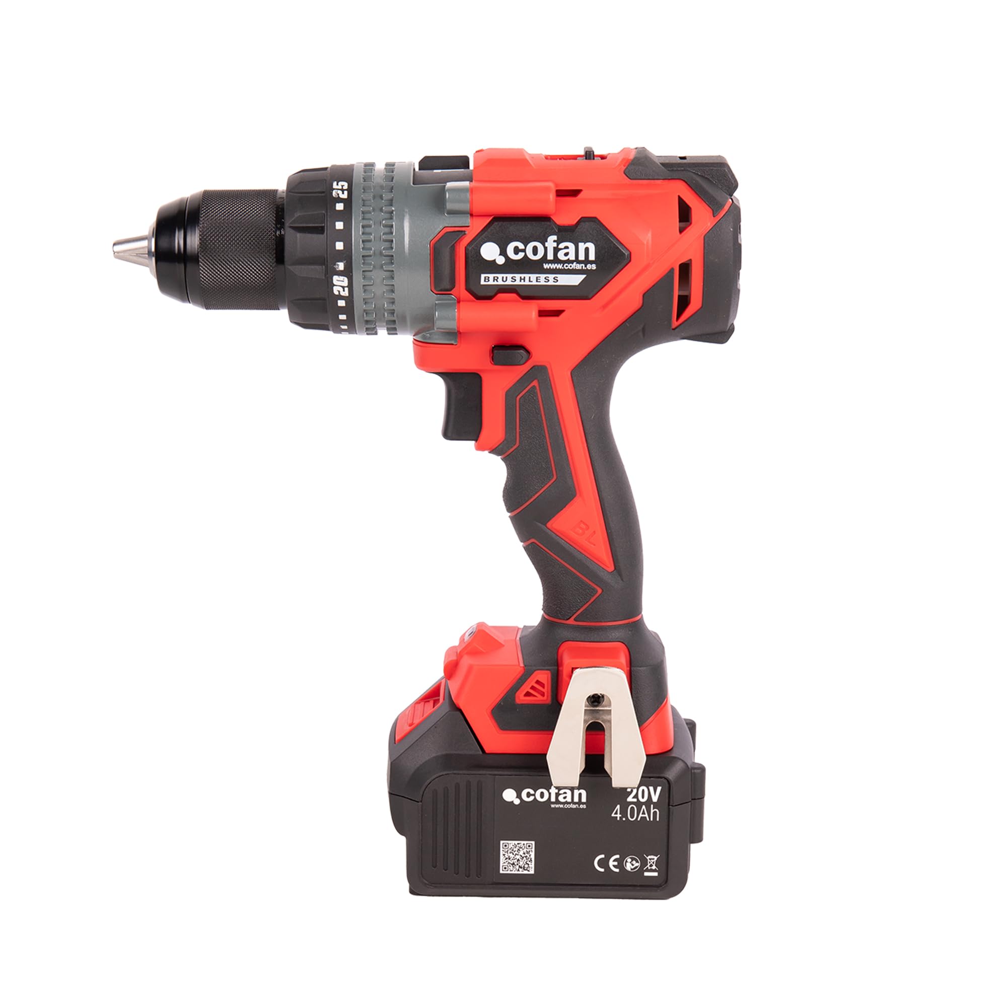 Cofan Taladro percutor a batería | Motor sin escobillas | Potencia: 20 V | Portabrocas 13 mm | 150 Nm, 2000 rpm | 2 velocidades | Percusión 30 000 BPM | Incluye accesorios | Batería y cargador NO INCL