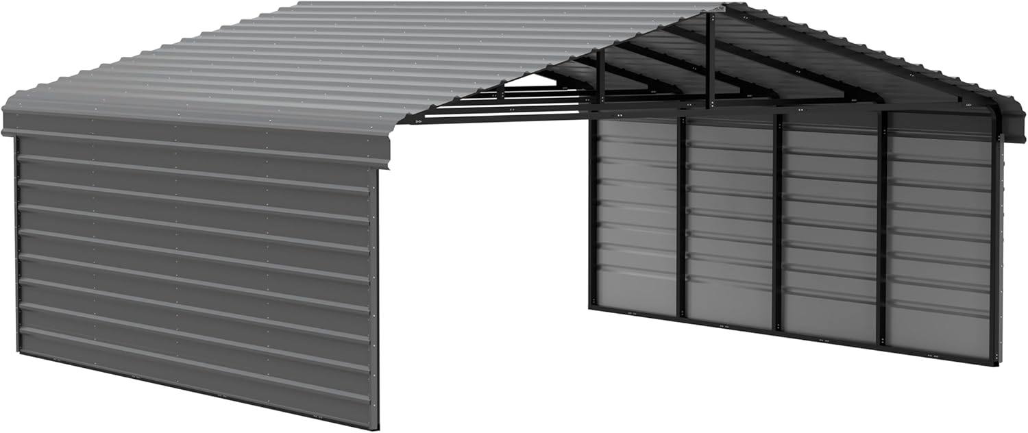 Arrow Carports Galvanized Steel Carport, with 2-Sided Enclosure, Compact Car Metal Carport Kit, 20' x 20' x 9', Charcoal