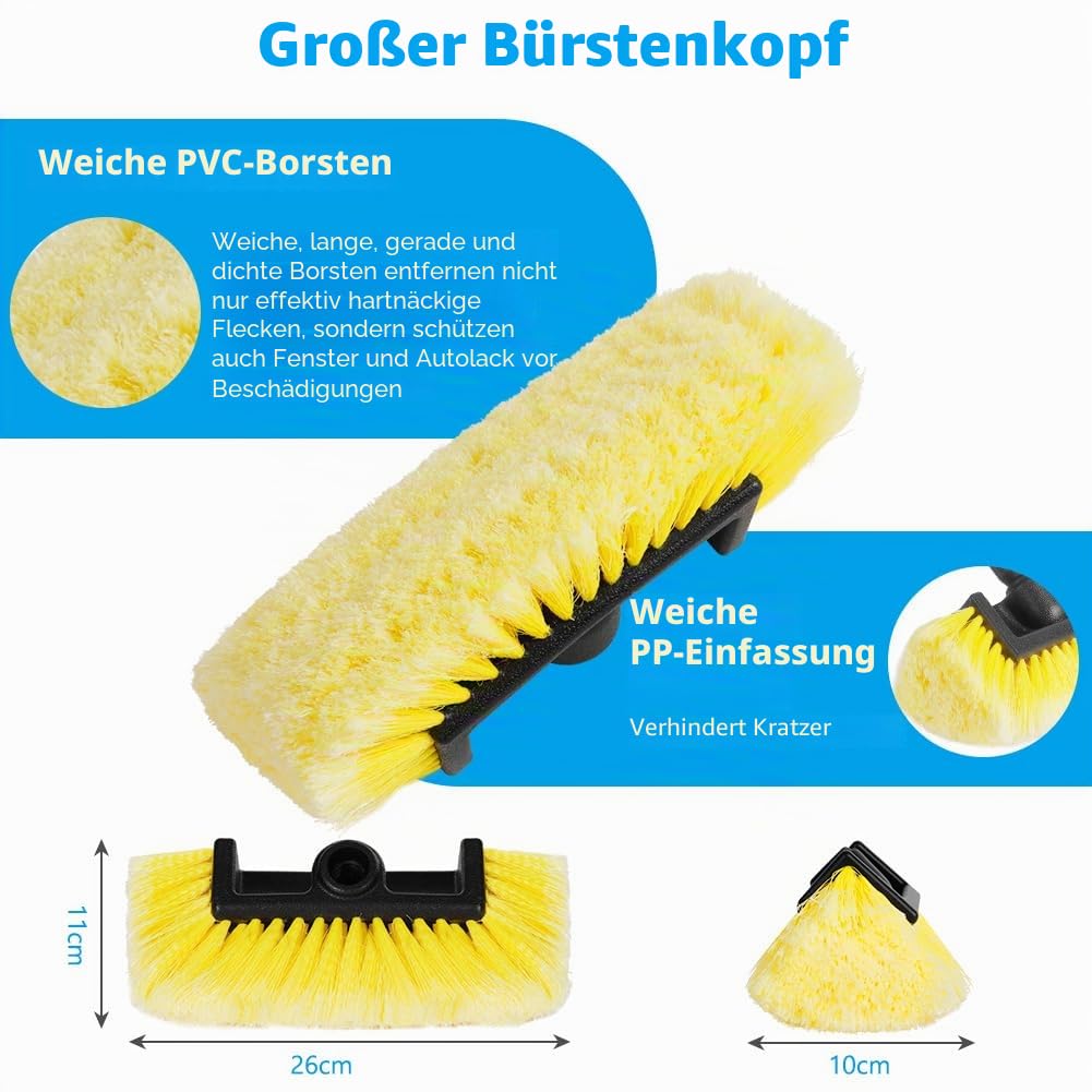 Autowaschbürste mit Wasseranschluss, Teleskop Waschbürste, Autowaschbürste mit Stiel, Waschbürste mit Teleskopstiel ALU-Teleskop mit An/Aus Schalter und1/2 Schlauchanschluss, 48-165cm, Gelb