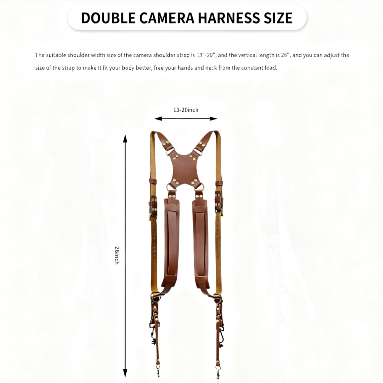 Doppia tracolla per fotocamera, regolabile, in pelle, marrone, per due fotocamere, compatibilità con vite standard da 1/4", larghezza delle spalle 33-50,8 cm, riduce l'affaticamento del collo