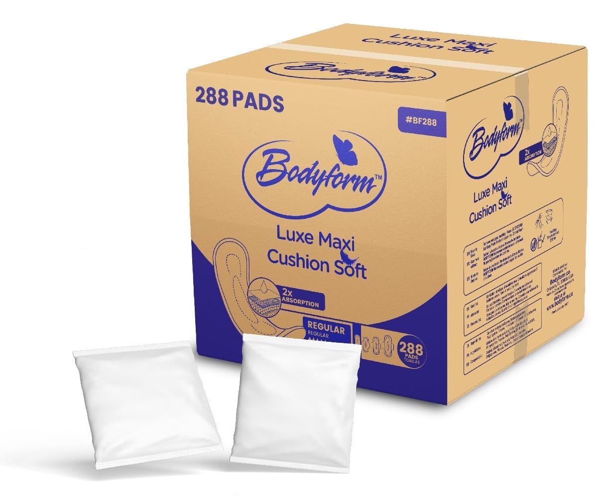 Bodyform Regular Maxi Feminine Pads (Individually Wrapped) Bulk Packaging - 288 Pads with Adhesive Strip (Ideal for Homeless Shelters, Hospitals, Refugee Camps & Institution Donations) #BF288