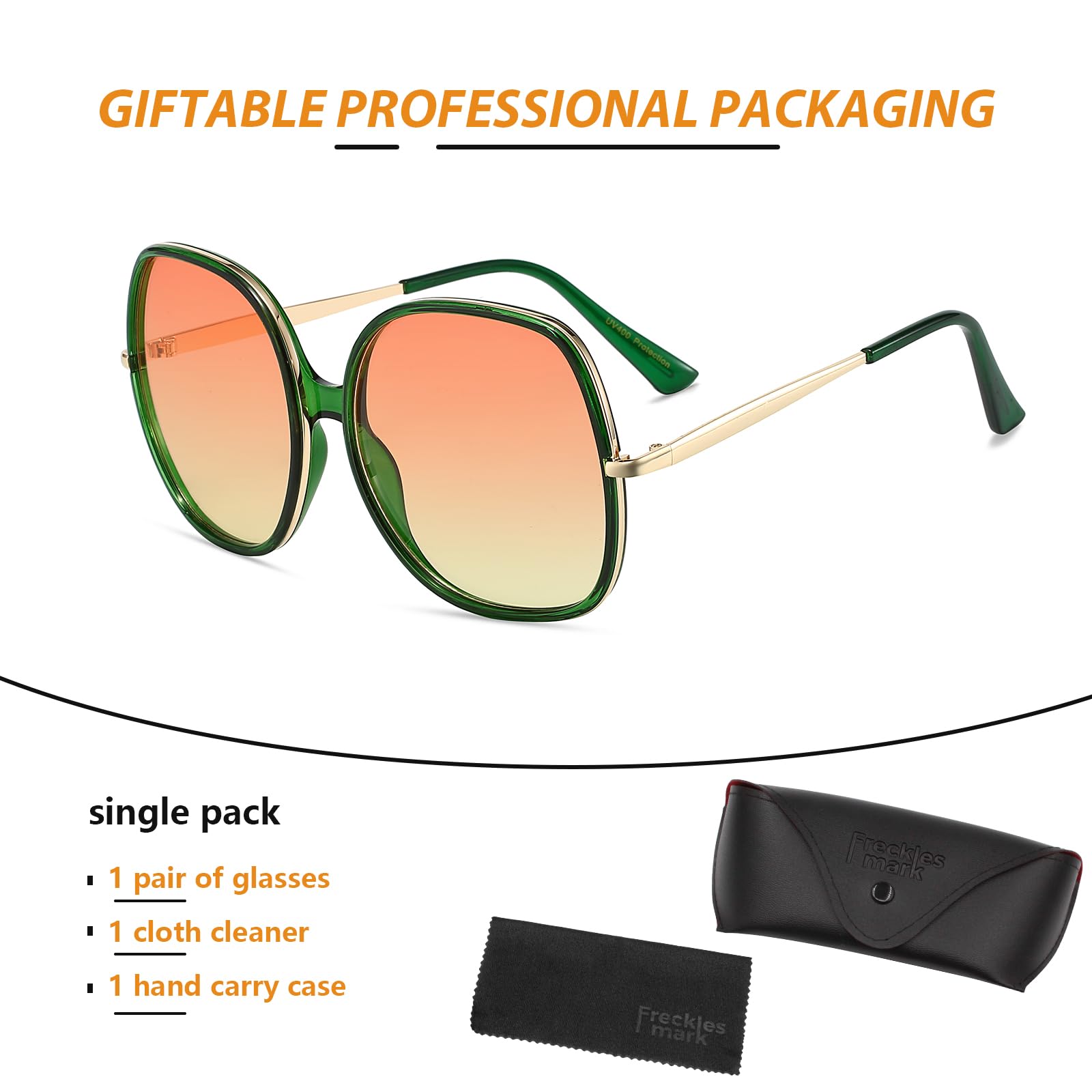 Gafas de sol cuadradas de gran tamaño de los años 70 para mujer, marco de plástico rectangular vintage, Verde claro / naranja degradado amarillo 6