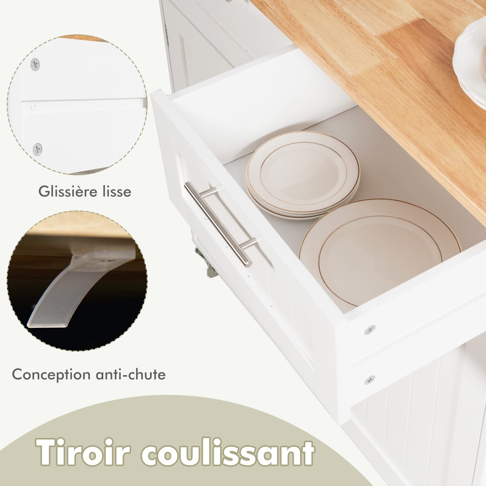 GOPLUS Postre con Ruedas, Cesta de Cocina de Madera, con Armario, Estante de 3 Niveles Ajustables y 2 cajones, toalleros, 94 x 45 x 94,5 cm, Blanco