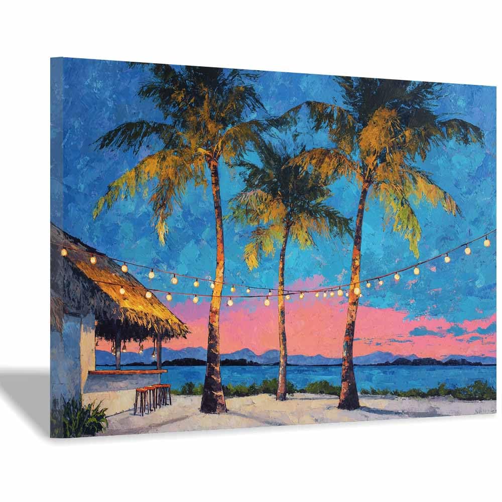 HOQIU Vintage wall art Tiki Bar at Sunset decorative painting, wall art, for Living Room Bathroom Bedroom Kitchen Decoration.(Multicolor)-60x80cm Framed