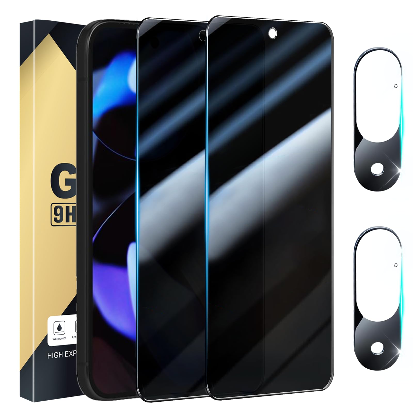 [2+2 Pack] Privacy Screen Protector Compatible with Pixel 9 5G, 2 Tempered Film + 2 Camera Lens Glass - High Clarity - Bubble Free - Anti-Spy Protection - Anti-Shatter