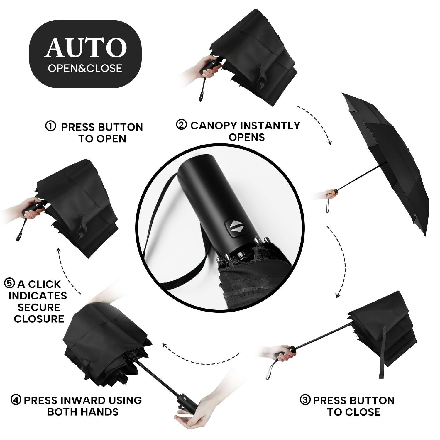 Parapluie de golf pour adultes – Parapluie de golf surdimensionné de 137,2 cm, double couche, coupe-vent, extra large, noir, pliable, compact, ouverture et fermeture automatiques