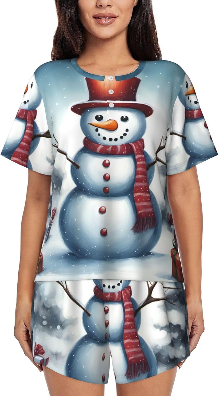 Christmas Snowman Print Women'S Short Sleeve Pajama Set,Stylish And Comfortable,For Lounging And Relaxing