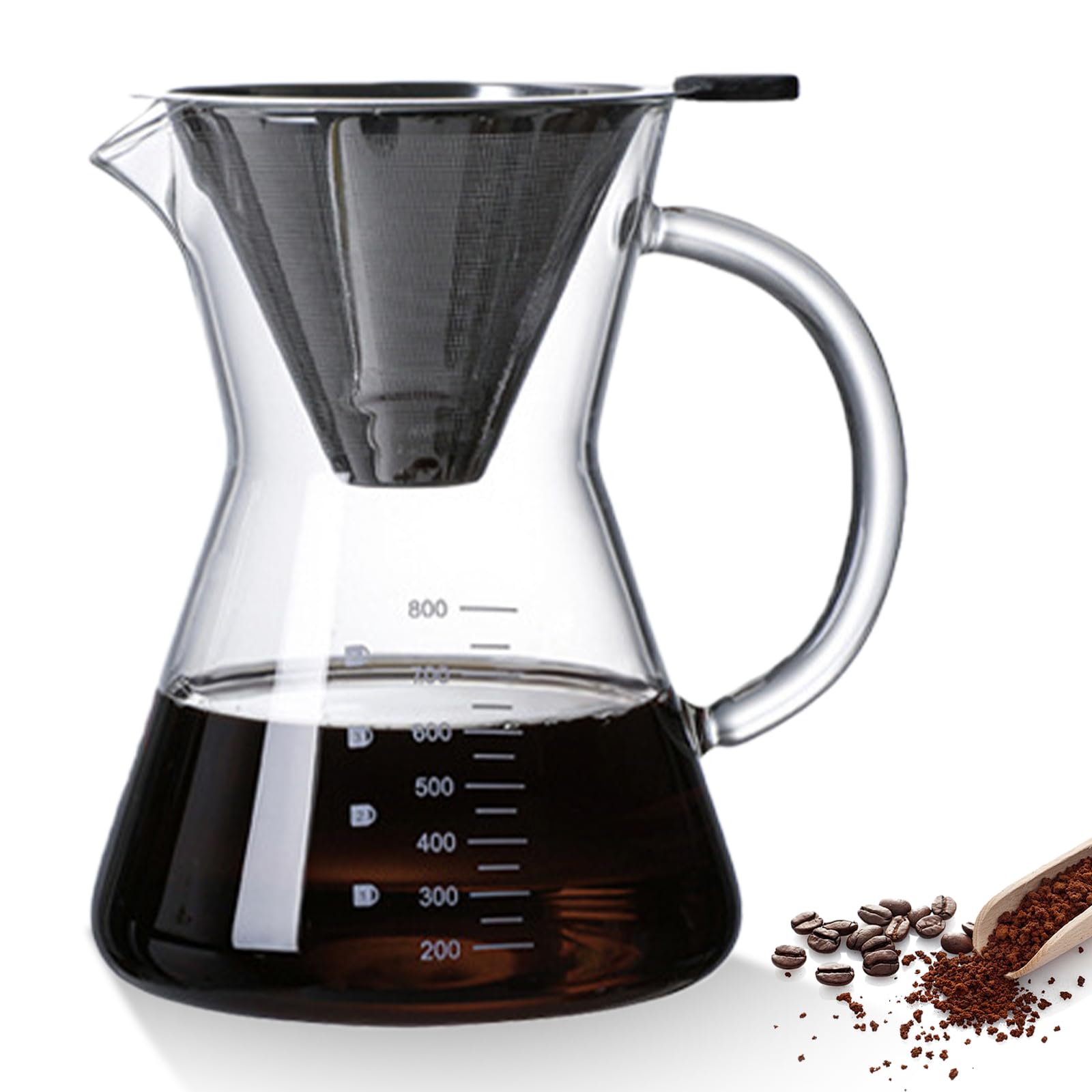GOMETY Pour Over - Caffettiera in vetro borosilicato da 800 ml, con filtro in acciaio inox a doppio strato, con manico, in vetro per un piacere aromatico