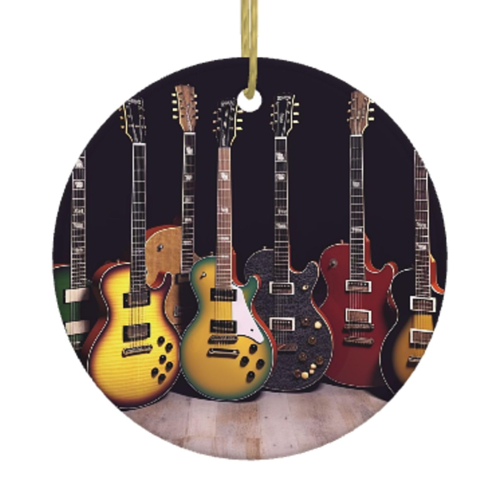 Ceramic Christmas Tree Hanging Ornaments with Gold Ropes Christmas Tree Decorations Round Ceramic Guitar Collection Pendant Keepsake Decorations for Holiday Xmas Gift Ideas