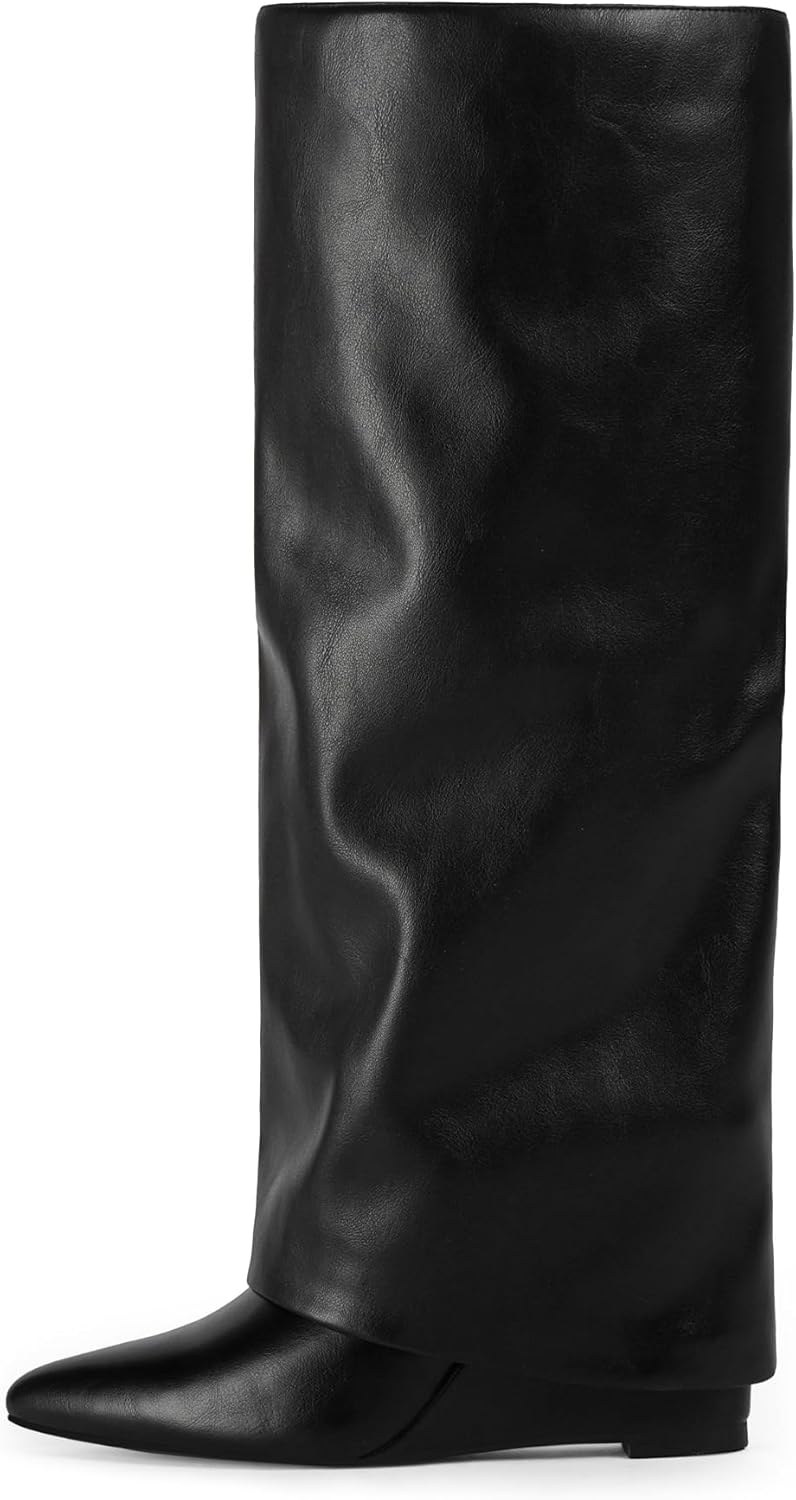 Modatope Knee High Boots Women Fold Over Boots Wedge Heel Slouchy Tall Boots Zipper Pointed Toe Dress Fall Long Boot for Women - Image 4