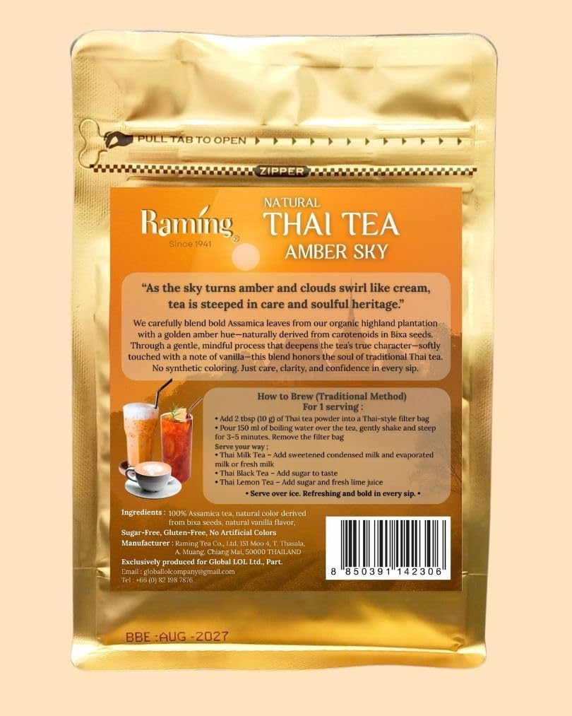 Raming Natural Thai Tea Amber Sky – Authentic Thai Assam Tea, Naturally Orange from Carotenoids – Thai Tea Powder for Straining, Milk Tea & Boba – No Artificial Dyes – 200g (7.05 oz)