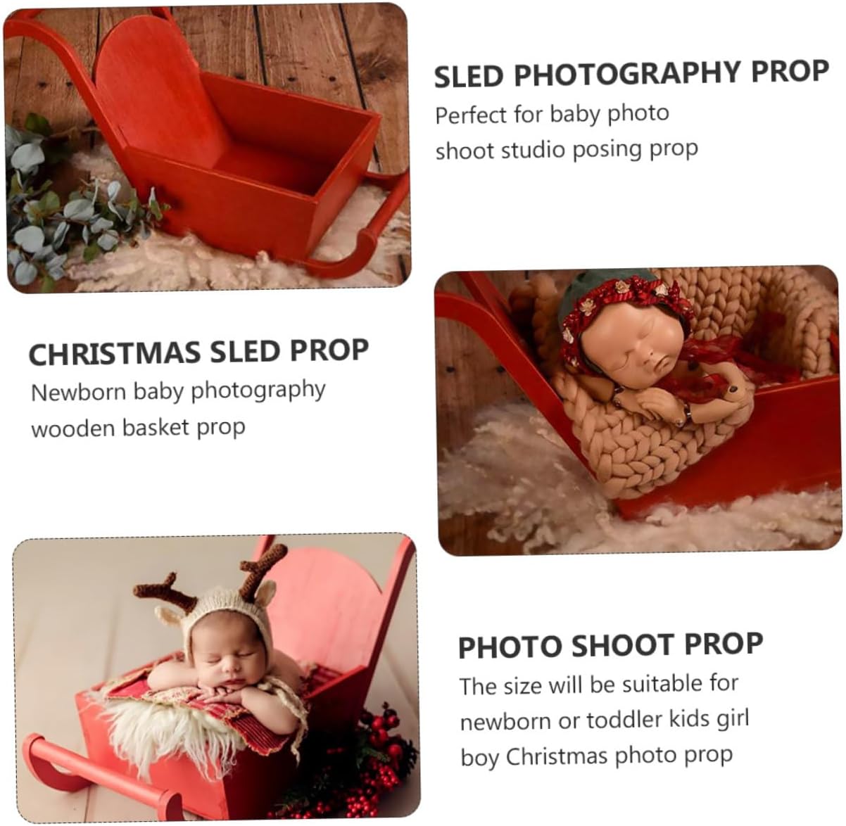NUOBESTY 1Pc Newborn Christmas Photography Sled Prop Durable Photo Shoot Decoration for Unique Photos Xmas Studio Posing Accessory for Photographers Red