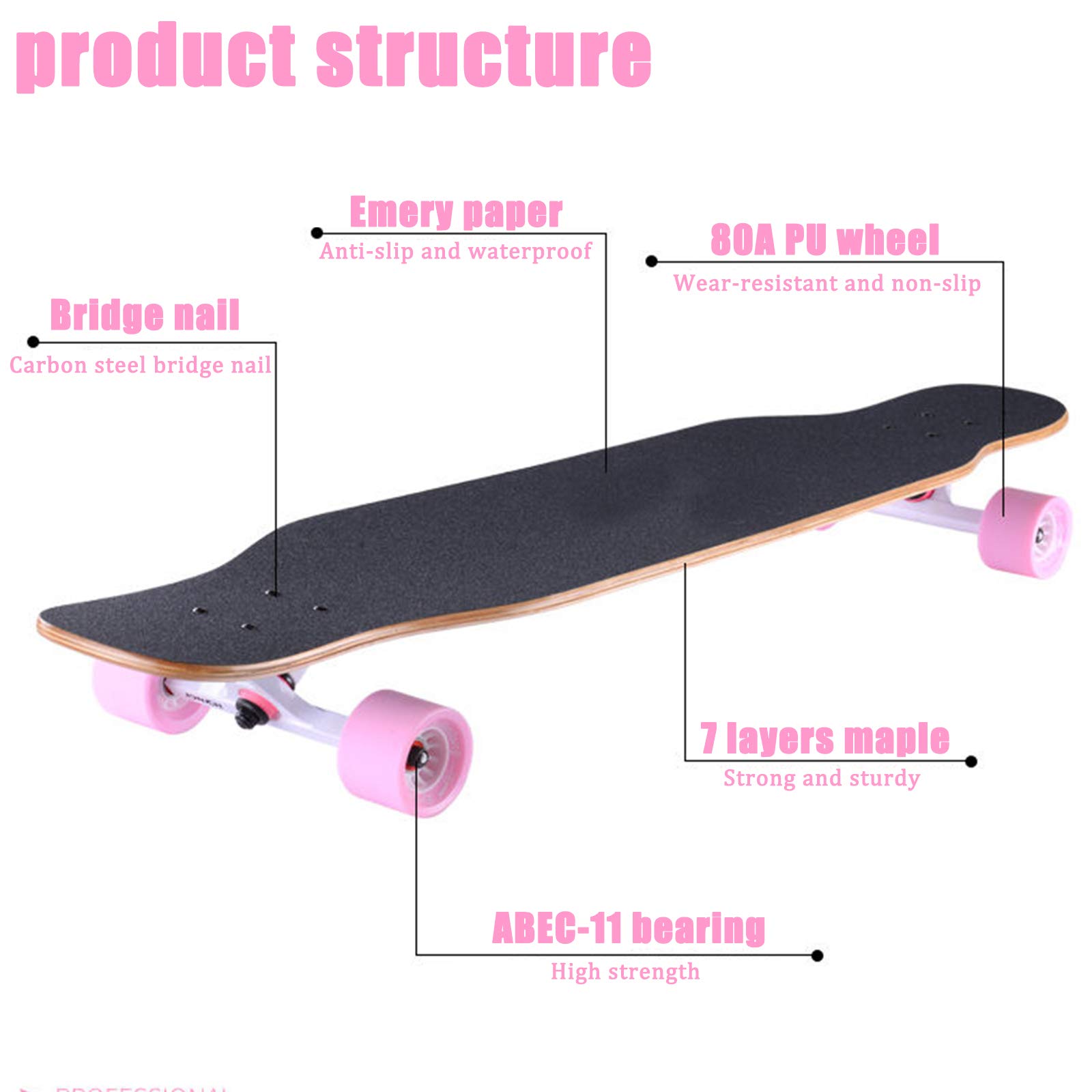 43"Longboard Skateboard Double Kick Planche à roulettes Concave, 7 Couches Canadiennes de Danse en Bois D'érable avec Roues LED PU pour Enfants, Adolescents et Adultes Débutants,Cat