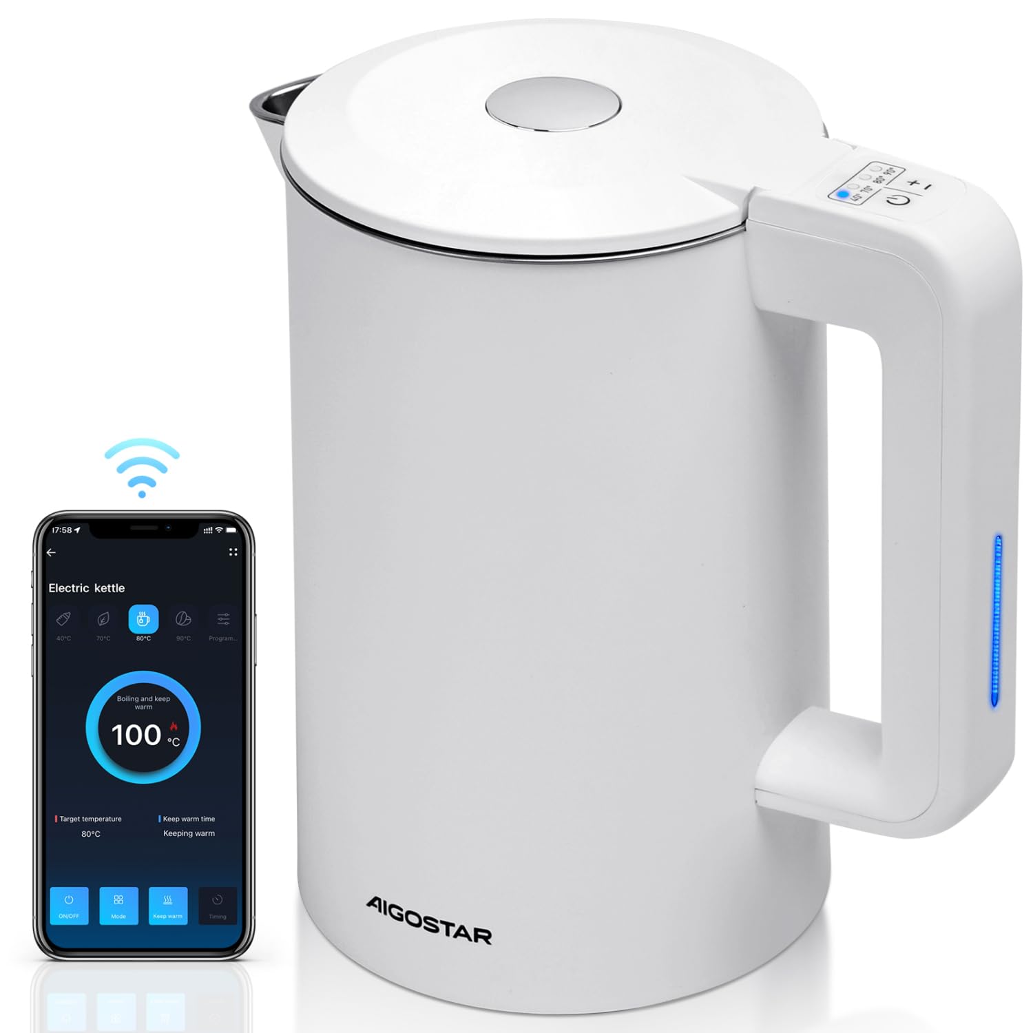 Bouilloire Intelligente Aigostar - Température Réglable 40-100°C, Wi-Fi, Alexa, Double Paroi Isotherme, Maintien Au Chaud 24h - 1.7L
