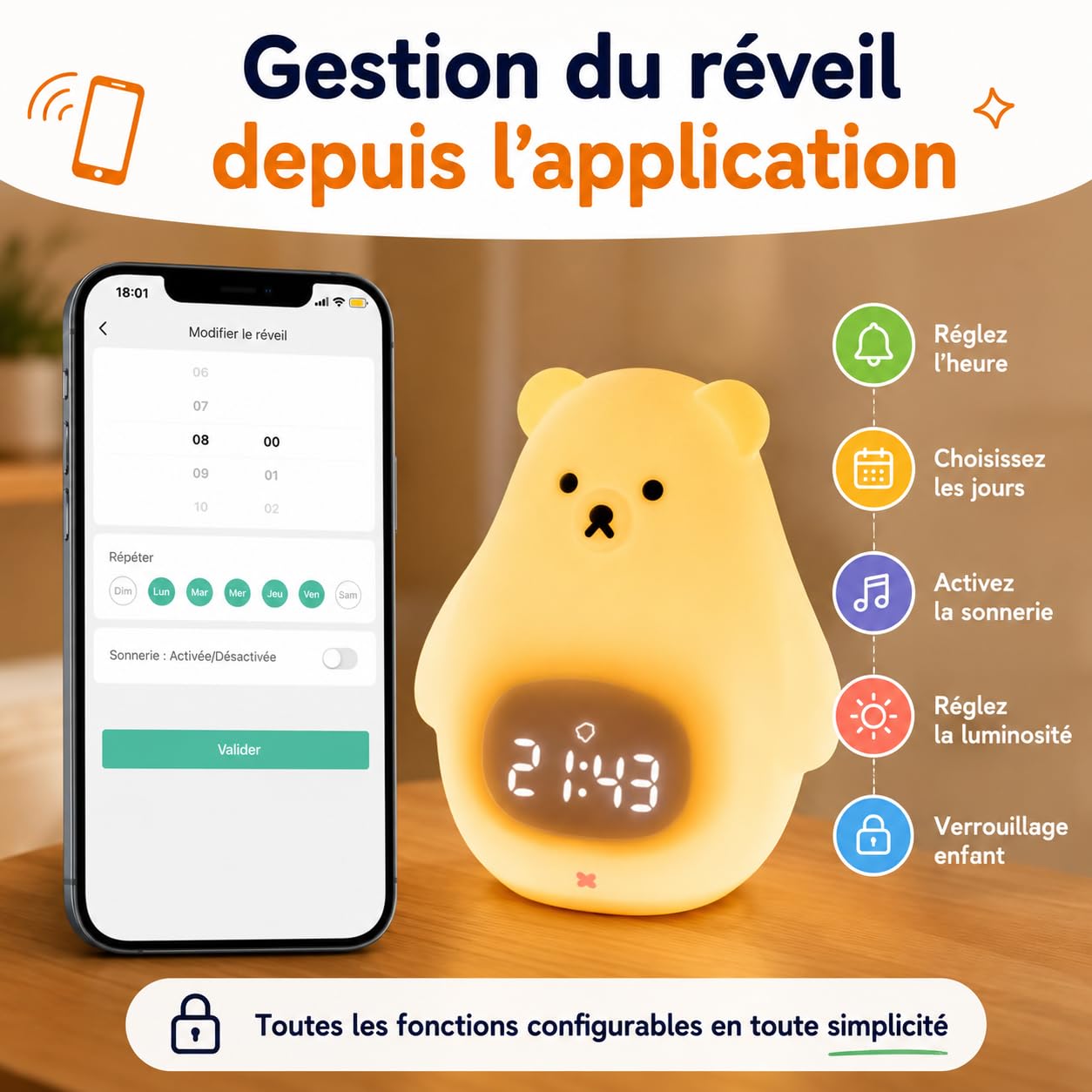 Kinderwecker Tag / Nacht mit LED-Nachtlicht – Steuerung über App iOS/Android – Lernwecker und beleuchtet – wiederaufladbar – Schlaf lernen – Mädchen & Jungen