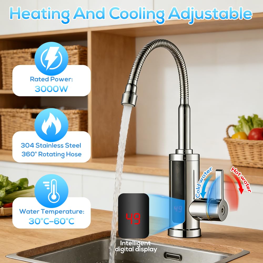 Wasserhahn mit Durchlauferhitzer, 360° Drehbarer LED Elektrische Küchenarmatur mit Durchlauferhitzer, 220V 3000W Heißwasserhahn für Küche Bad Garten Wohwagen
