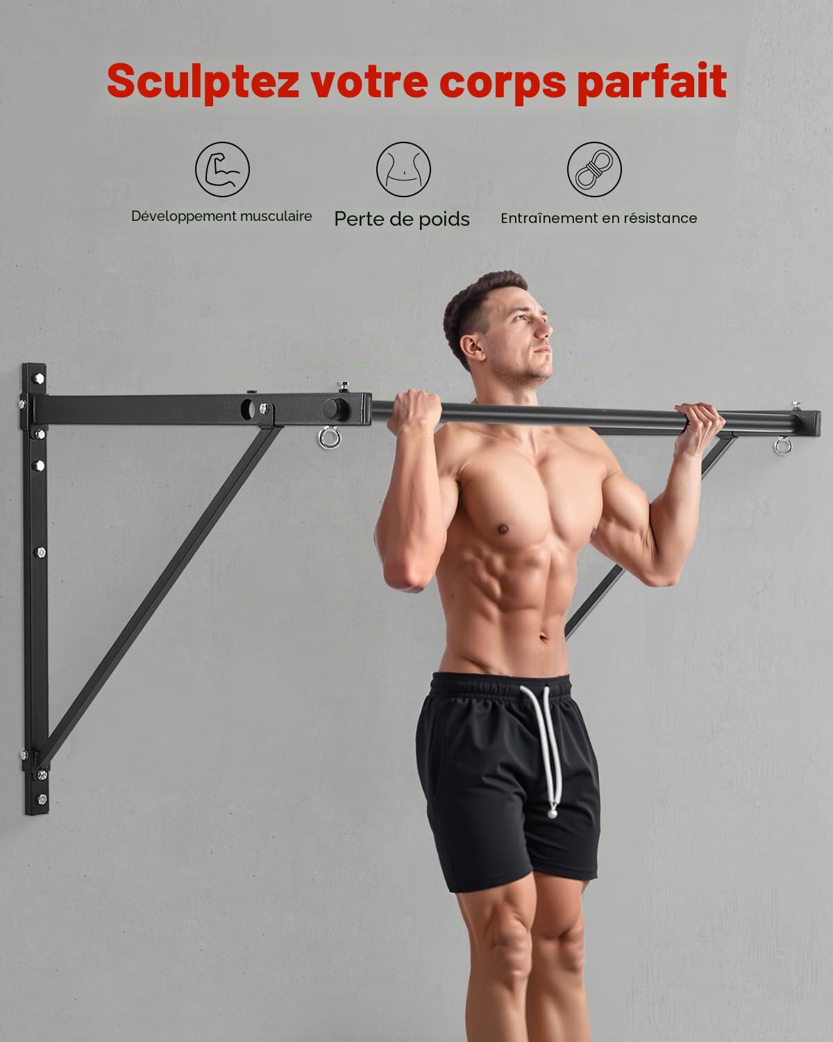 VEVOR Barre de traction, 1276 mm, barre de fitness murale, profondeur réglable de 55 ou 76 cm, en acier robuste, charge de 200 kg, station d'entraînement pour tractions, pour salle de sport à domicile