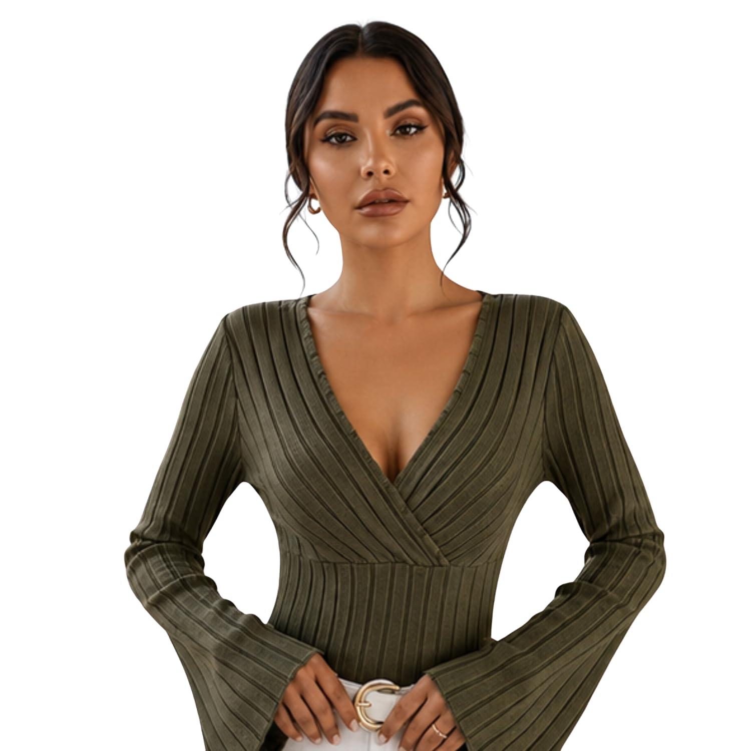 Women Ribbed Knit V-Neck Wrap Top | Long Flare Sleeve Slim Fit Stylish Blouse for Casual-picture-45