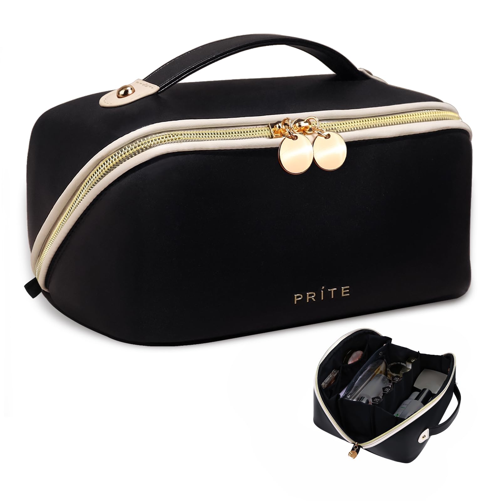 Prite Große Kapazität Kosmetiktasche Tragbare Reise Make Up Tasche wasserdichte PU-Leder Schminktasche oder Kulturbeutel mit Transparente Trenner und Griff(Schwarz L Pro)