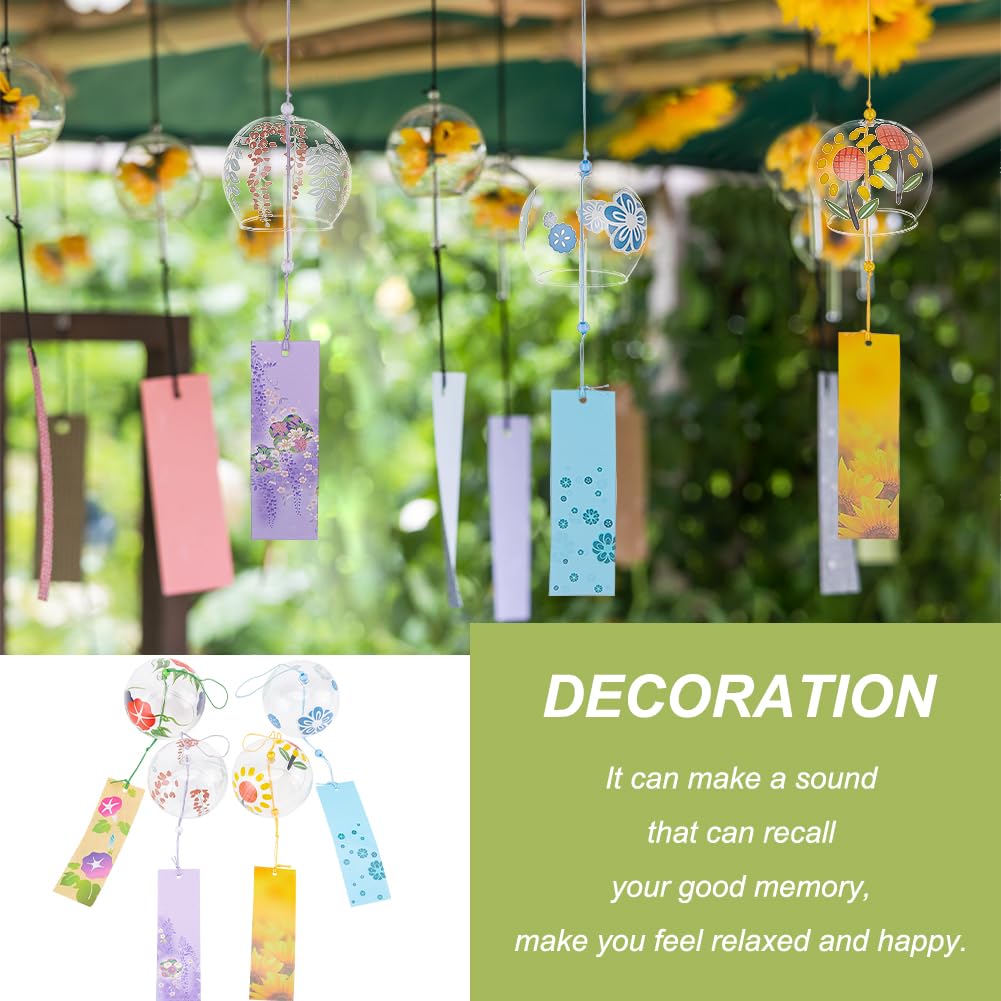 BENECREAT 4 pz Campanelli Eolici Rotondi In Vetro Giapponese, Cielo Blu, Lilla, Colorato, Campanelli Eolici con Motivo Floreale Giallo con Ciondolo In Carta Da Preghiera, per Il Giardino