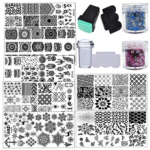 Flower Mandala Nail Stamping Kit 7pc Butterfly Owl Snow Geometric Nail Stamping Plate 20g Holographic Chunky Glitter Flakes with 2pc Nail Stamper Scraper