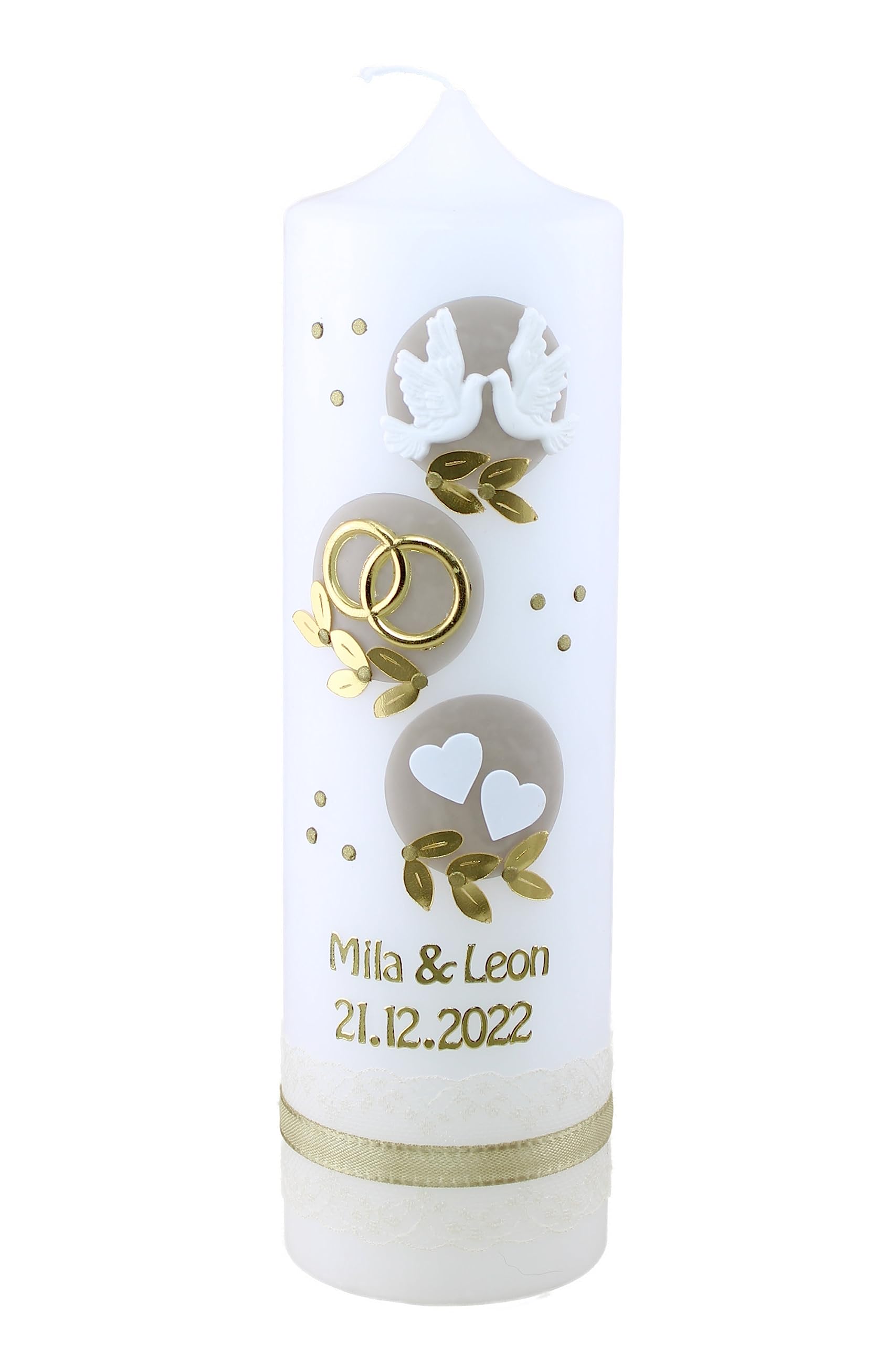 Hochzeitskerze Mila und Leon mit Namen und Datum, individuell und handverziert 1992