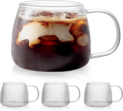 Paquete de 4 tazas de café de vidrio de alta calidad con asa, tazas de café clásicas de vidrio verticales de 12 onzas, taza de té transparente para