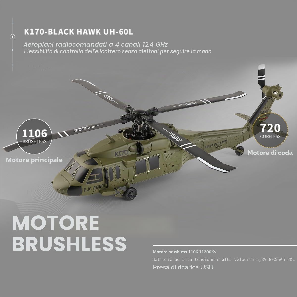 K170 UH-60L Elicottero RC, 170 misura 2,4 G, 4CH, giroscopio Flybarless RC a 6 assi con altezza, acceleratore regolabile sinistra e destra per principianti