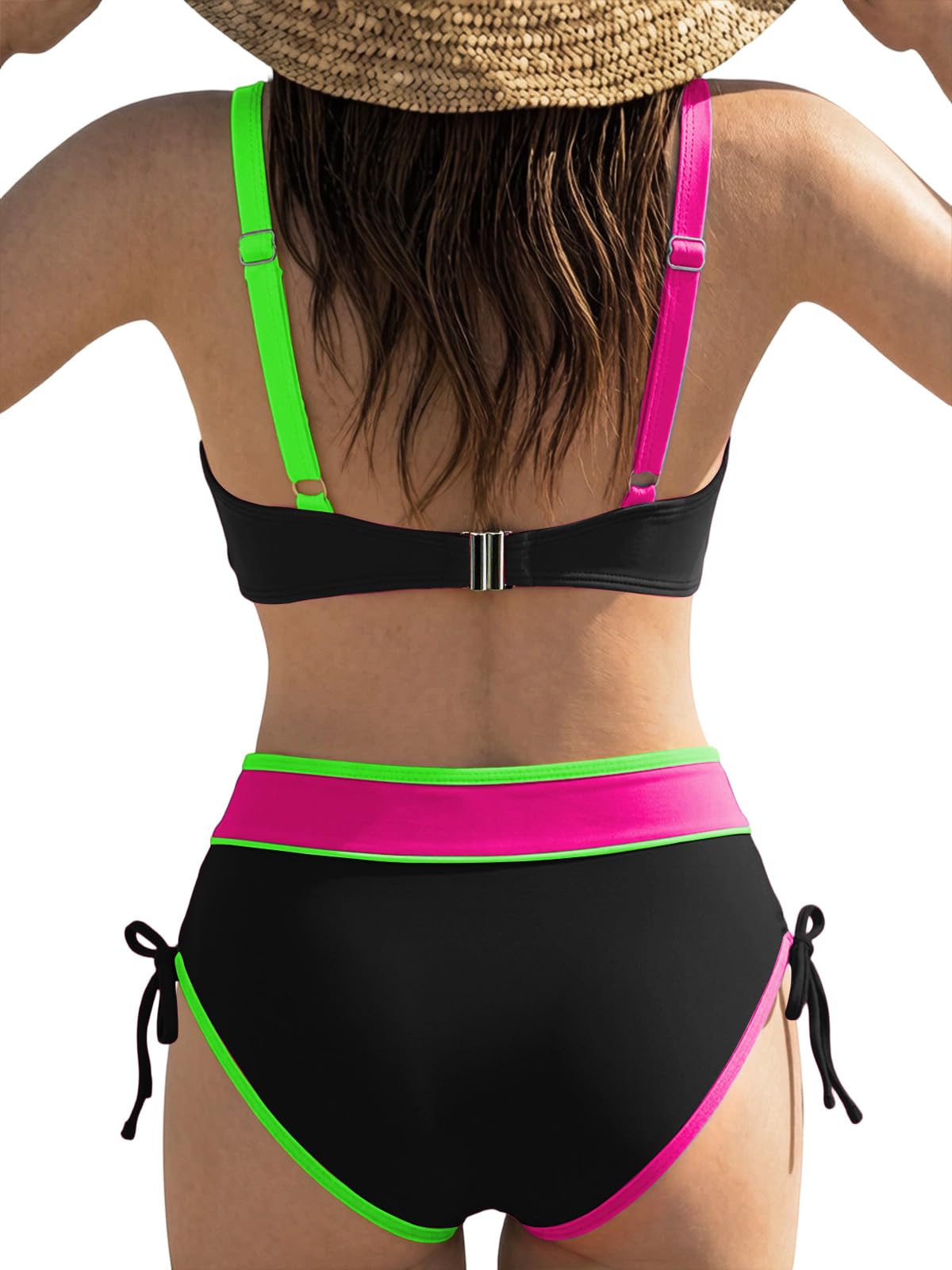 JFAN Traje de baño de Mujer de Dos Piezas Sexy Push up Cuello en V Talle Alto Bañadore Bikini de Conjunto Bloques de Color de Moda Piscina en la Playa
