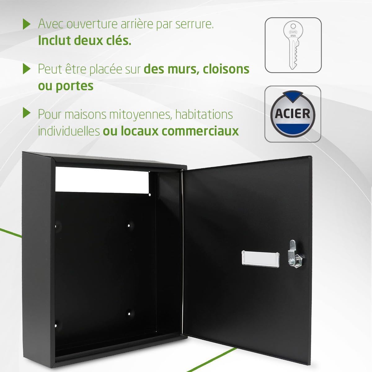 Amig - Boîte aux Lettres intérieure Moderne - Ouverture arrière sécurisée - Acier allié Robuste - Installation Facile - Dimensions DIN A4, Noir, 400 x 360 x 100 mm