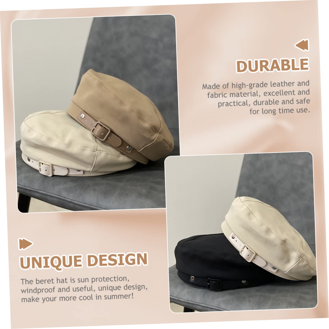 VANZACK Chic Vintage Leather Beret Hat for Women Sun Protection Breathable Fashionable Beige