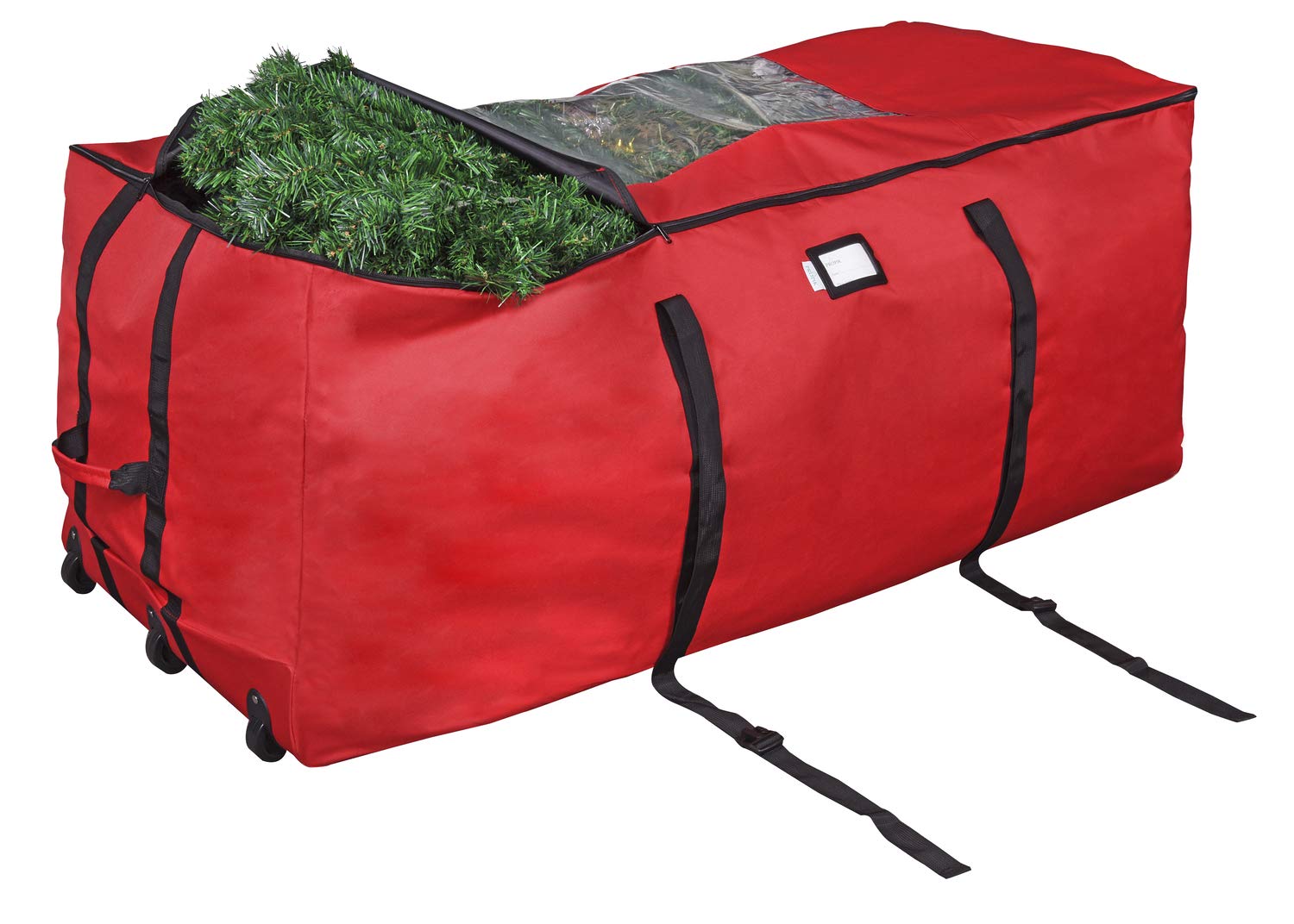 ProPik Rolling Christmas Tree Storage Bag, Fits Up to 9 Foot Tall Disassembled Trees, 25" X 25" X 60", Extra Large Heavy Duty Xmas Container with Wheels, Handles and Straps (Red)