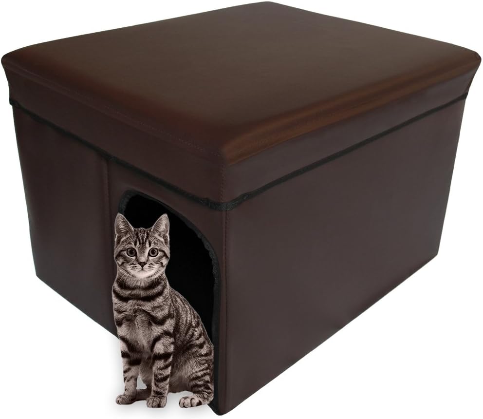 Mable Ruth Ottoman Pet House Hidden Litter Box Enclosure & Pet Bed Friendly - Enclosed Leather Litter Box Furniture for Cats & Dogs - Large (Dark Brown Expresso)