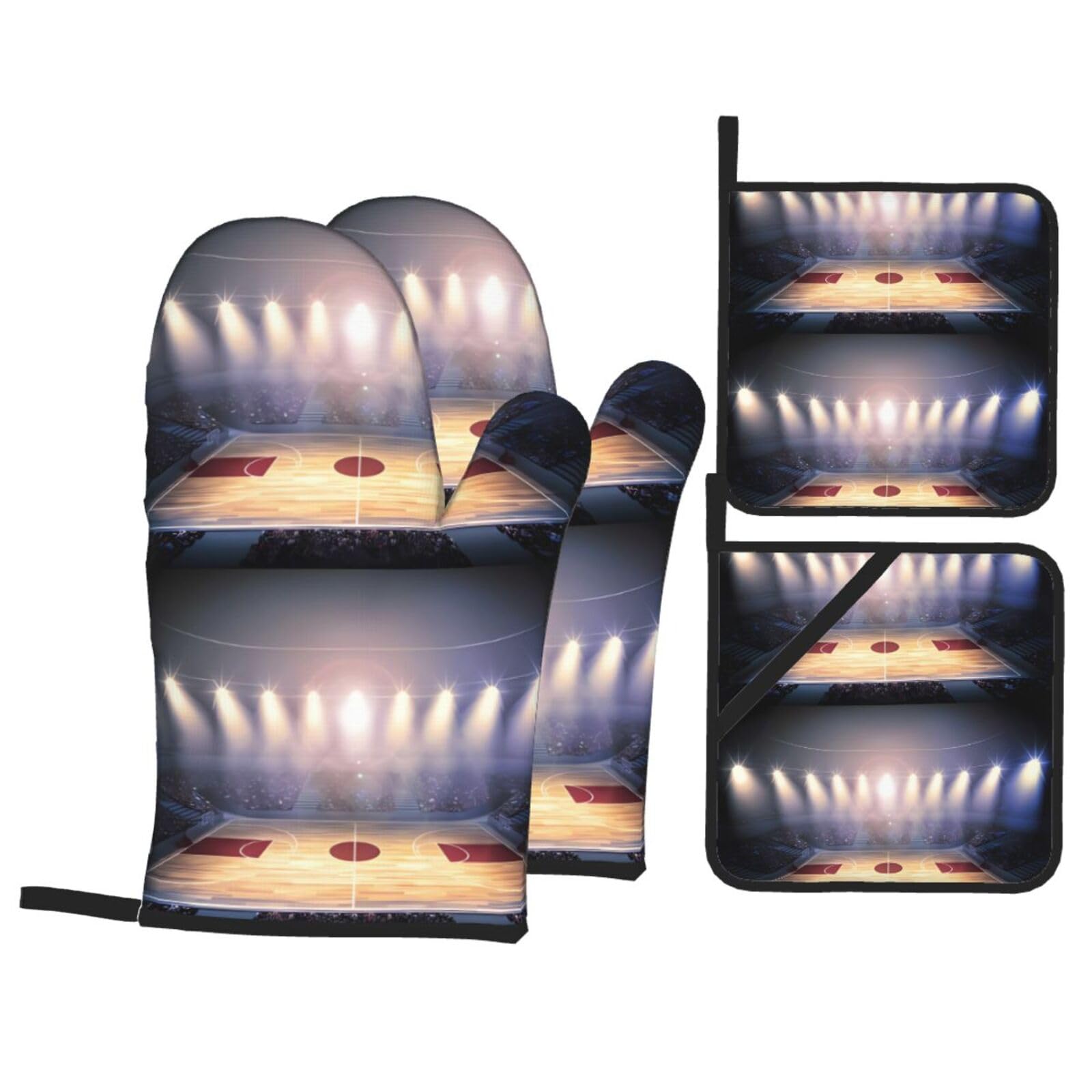 HJFCZH Basketball Arena Prints Kitchen Throw Set: Durable Oven Layers with Waterproof Polyester – 4 Piece Heat Protection System