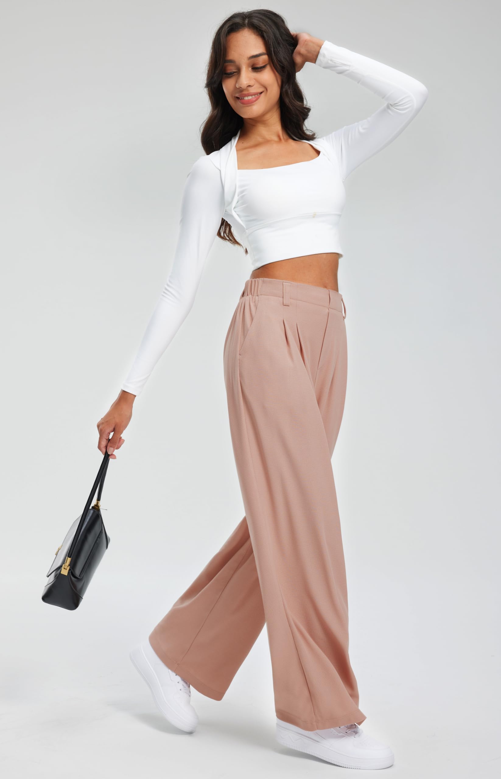Libin Pantalon à jambe large pour femme - Taille haute - 73,7 cm - En tricot gaufré - Décontracté - Pour le travail - Pantalon palazzo avec poches