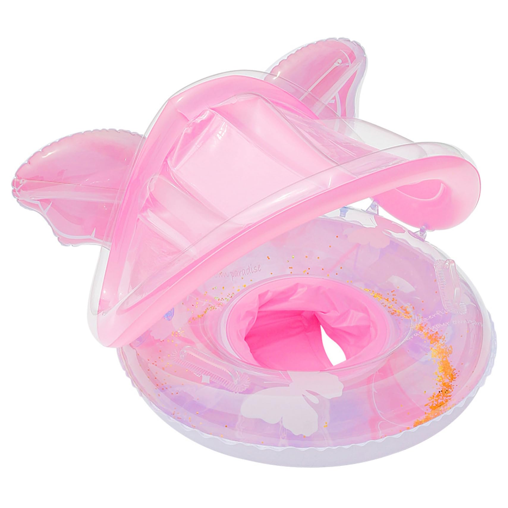 Ameble Baby Float with Canopy Infant Pool Float with Sun Shade Anti Tip Safety Seat Sparkling Butterfly Baby Swimming Ring for Water Play Suitable for Babies 6 to 12 Months, Style 1