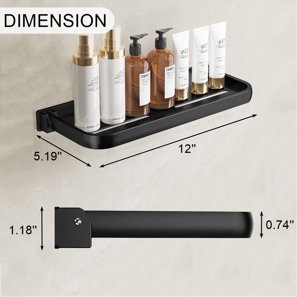 Z metnal RV Foldable Shelf, Metal Floating Shelves, 2 Tier Hidden Shower Shelves Rack,Space-Saver, Wall-Mounted, 12 inch, Black