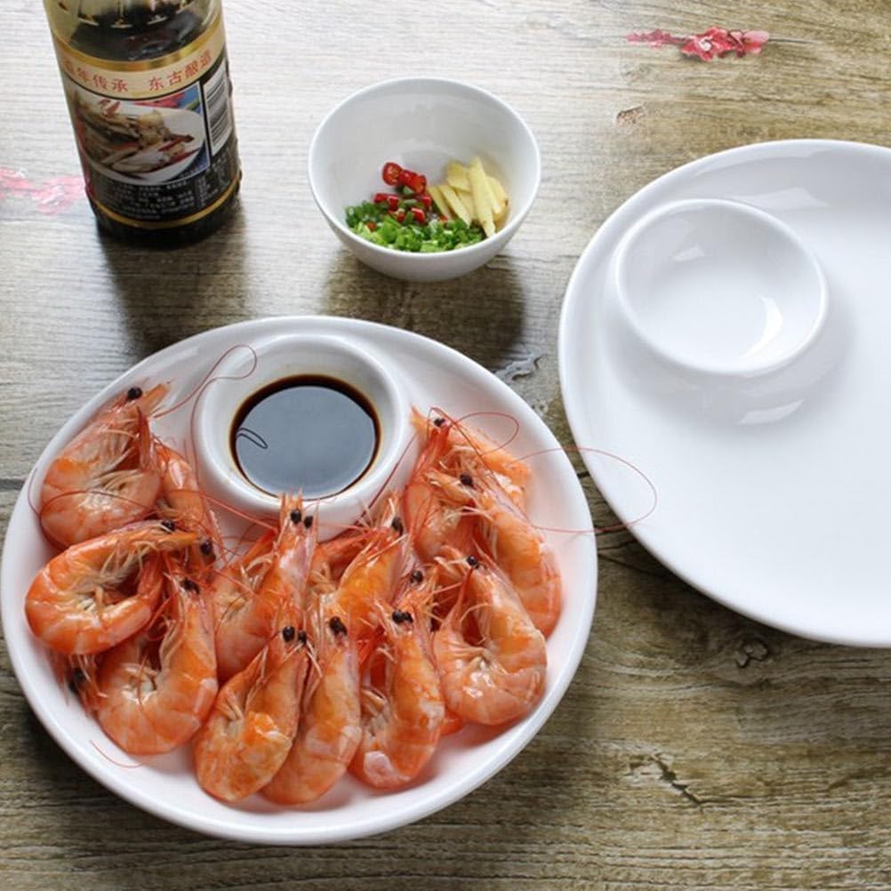 9-Inch White Ceramic in-Dish Serving Plate with Sauce Compartment for Dumplings Snacks and Appetizers - Elegant Dining Solution