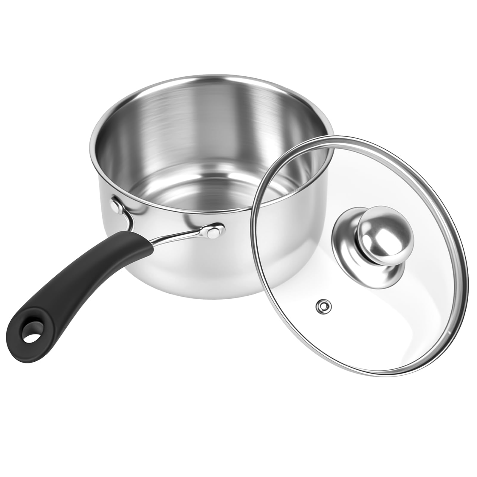 elthmpr 16cm Stainless Steel Saucepan with Glass Lid, Small Milk Pan Non Stick Pot with Heatproof Handle, Small Saucepan for Gas Electric Ceramic Hobs, Easy Clean Small Cooking Pan for Kitchen