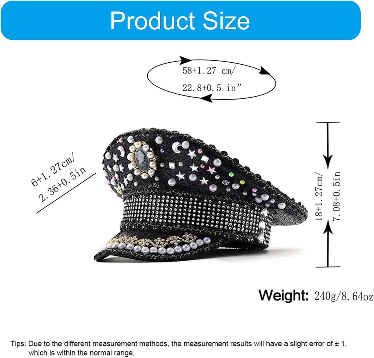 Luxurious Crystal Captain Hat for Gras Party Bachelorette Party Headwear Headgear for Club Stage Black