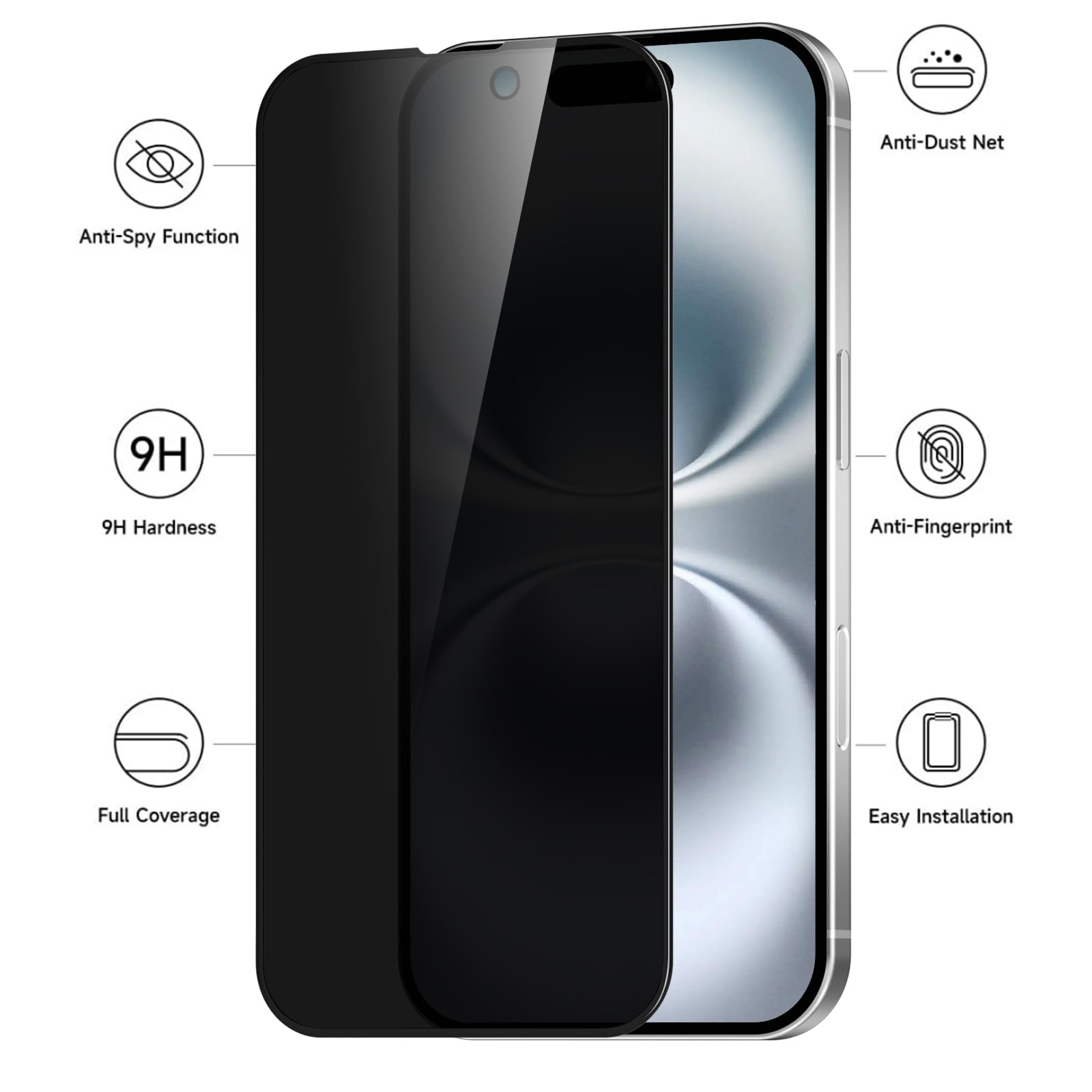 Kit de 3, Verre Trempé Anti-Espion pour iPhone 16, iPhone 15 (6,1 Pouces) Protection écran contre les Rayures - Angle de Confidentialité 28 Degrés Amélioré - Outil d'installation facile inclus (Noir)