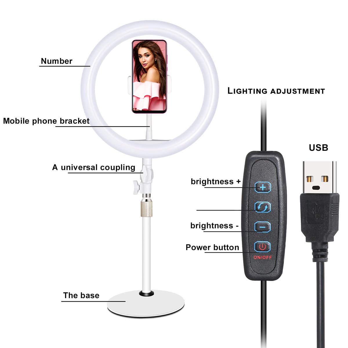 Vaguelly Lampada LED per Selfie 10 Pollici Supporto Telescopico, Luce di Riempimento Dimmerabile Usb, Controllo Cavo e Braccio Regolabile a 180°, per Video, Trucco e Streaming Live