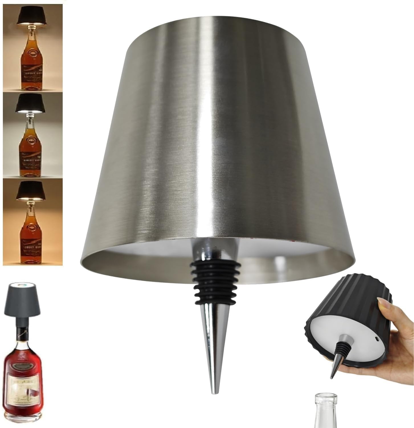 2Pcs Wireless Bottle Lamp Kit - 3 Colors Dimmable LED Wine Bottle Lights with Touch Control for Living Room, Restaurant, Bar (2PCS-Silver2)