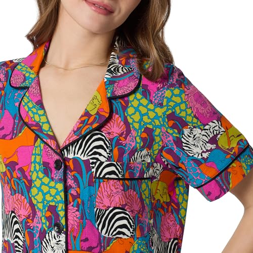 Image of Trina Turk Womens Short Sleeve Notch Collar & Shorts Sleepwear Pajama Set, Organic Cotton