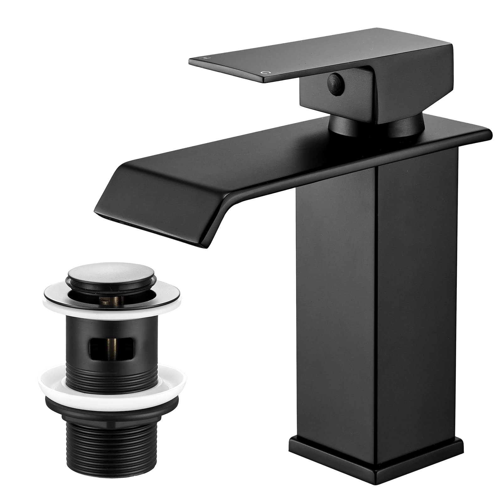 Hapilife Waterfall Tap Matte Black Bathroom Tap with Pop Up Waste - Modern Single Lever Square Basin Mixer Taps for Cloakroom, Monobloc Sink Faucet with UK Standard G1/2 Hoses