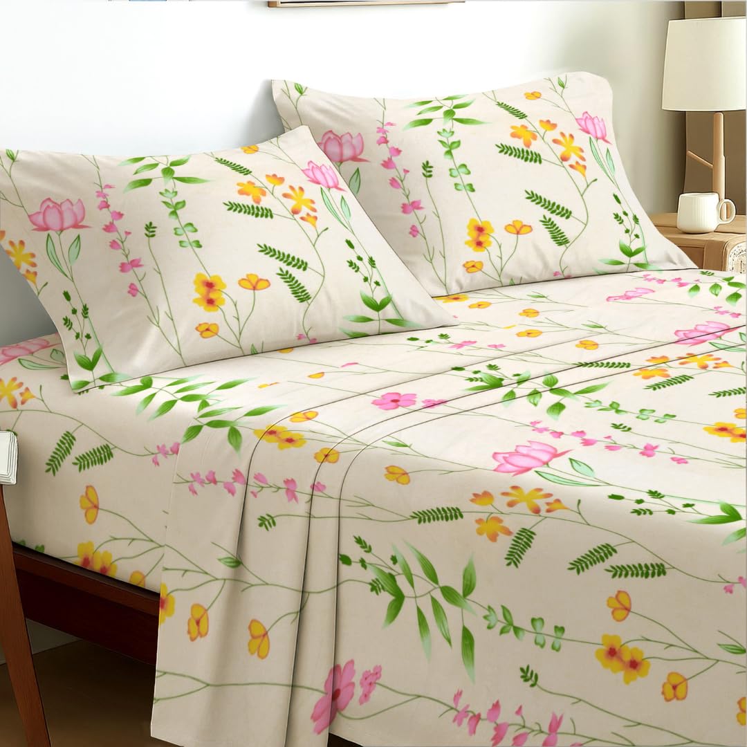 EverSoft Bedding Single 3-Piece Luxury Sheet Set Soft Flower Design Floral Print Bedding Includes 35cm Extra Deep Fitted Sheet, Flat Sheet & 1 Pillowcase Boutique Hotel Quality Sunlight Bloom